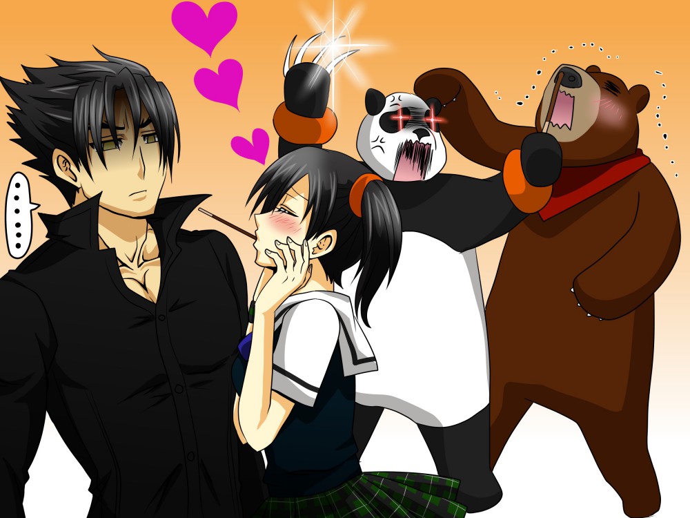 2boys 2girls bear black_hair blush claws food kazama_jin kuma_(tekken) ling_xiaoyu multiple_boys multiple_girls ootori_sen_na_gatsu panda_(tekken) pocky skirt tekken