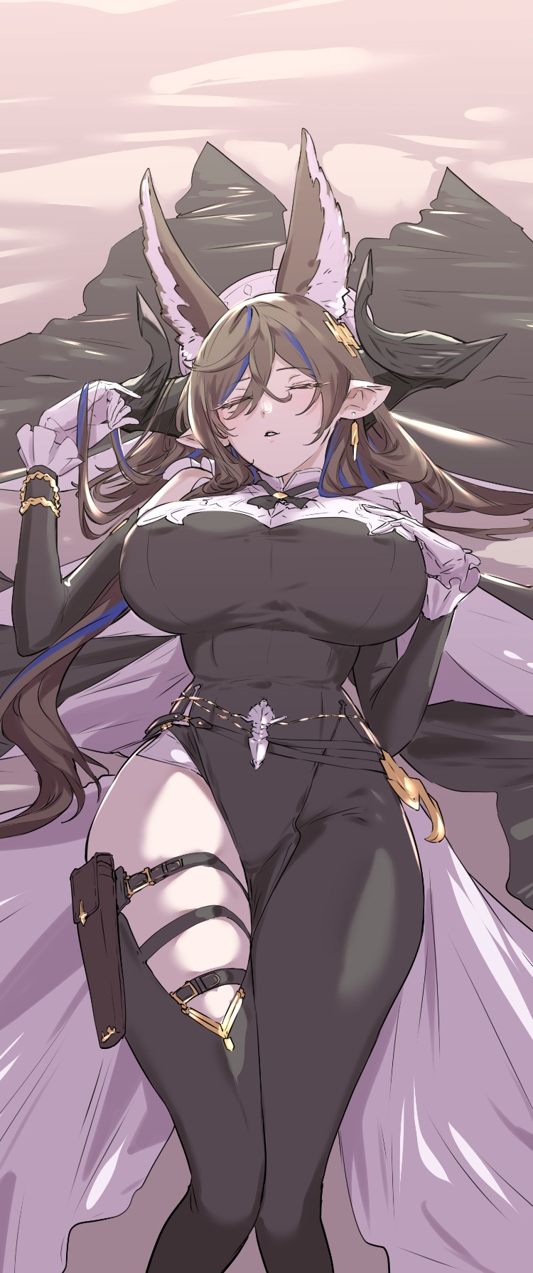 1girl animal_ears breasts brown_hair closed_eyes clothing_cutout earrings extra_ears galleon_(granblue_fantasy) gloves granblue_fantasy highres horns huge_breasts jewelry long_hair lying mogi_yasunobu on_back pointy_ears pouch thigh_cutout thigh_pouch white_gloves