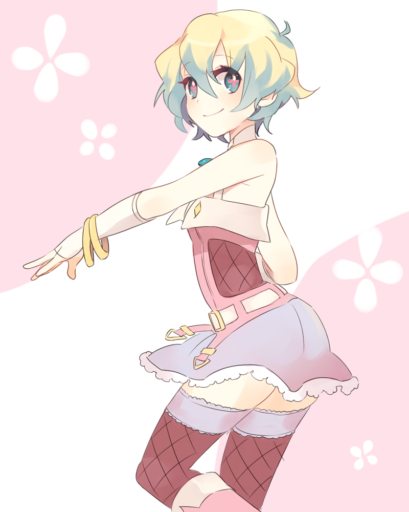 +_+ 1girl aged_down alternate_costume bare_shoulders belt blonde_hair blue_eyes blue_hair bracelet child cosplay cross-shaped_pupils female_focus fingerless_gloves gloves hagiwara_yukiho hagiwara_yukiho_(cosplay) idolmaster idolmaster_(classic) jewelry linaria_(ookinahitomi) matching_hair/eyes multicolored_hair nia_teppelin short_hair skirt smile solo symbol-shaped_pupils tengen_toppa_gurren_lagann thighhighs two-tone_hair zettai_ryouiki