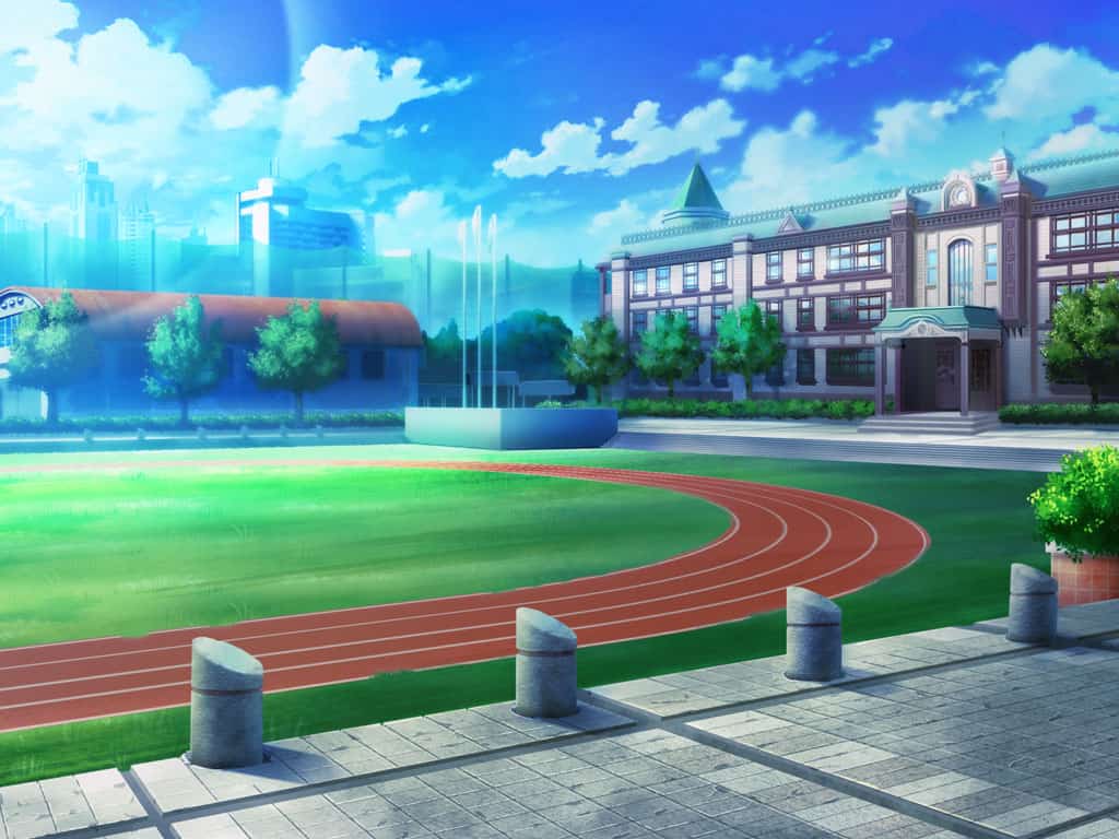 artist_request blue_sky bush city cloud day game_cg house magia_record:_mahou_shoujo_madoka_magica_gaiden mahou_shoujo_madoka_magica no_humans official_art outdoors school sky stairs sunlight track_and_field tree