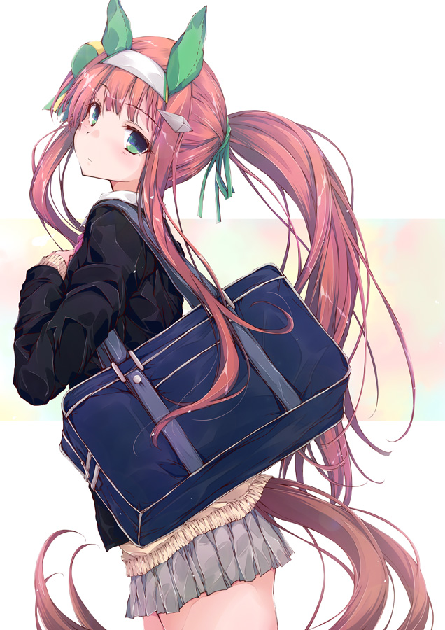 1girl animal_ears bag black_jacket cowboy_shot ear_covers green_eyes green_ribbon grey_skirt hair_ribbon horse_ears horse_girl horse_tail jacket long_hair orange_hair pleated_skirt ponytail ribbon school_uniform shoulder_bag silence_suzuka_(umamusume) skirt solo standing sweater tail umamusume white_background yellow_sweater yumesato_makura