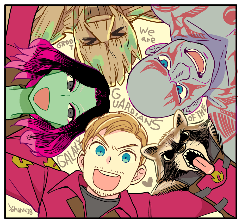 1girl animification blue_skin brown_hair character_name colored_skin drax_the_destroyer gamora green_skin groot guardians_of_the_galaxy marvel marvel_cinematic_universe peter_quill raccoon rocket_raccoon simple_background yafu_(yahuxx28)