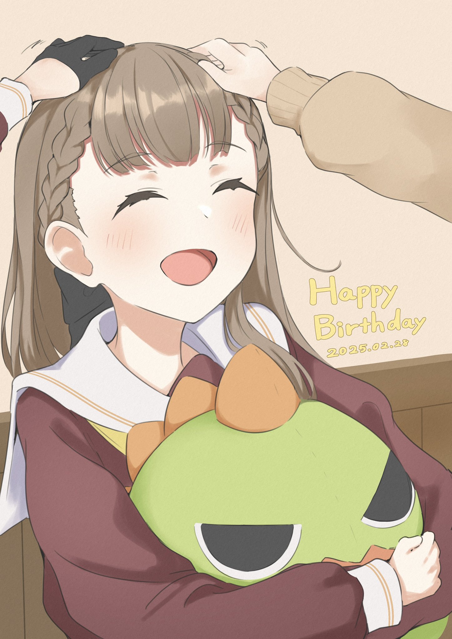 3girls :d ^_^ black_bow black_gloves blush bow braid brown_cardigan brown_dress brown_hair cardigan center-flap_bangs closed_eyes commentary_request dated dollchestra dress facing_viewer gloves gonzales_(love_live!) hair_bow half_gloves happy_birthday hasu_no_sora_school_uniform headpat highres indoors kachimachi_kosuzu link!_like!_love_live! long_hair long_sleeves love_live! multiple_girls murano_sayaka neckerchief open_mouth out_of_frame sailor_collar sailor_dress school_uniform side_ahoge side_braids smile solo_focus straight_hair stuffed_dinosaur tomoe_(tomoe_200) upper_body virtual_youtuber white_sailor_collar winter_uniform yellow_neckerchief yugiri_tsuzuri