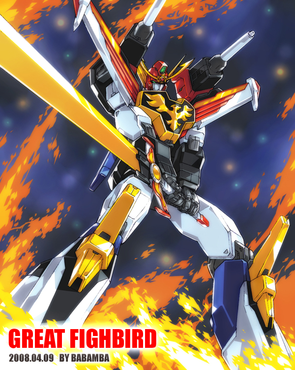 babamba character_name dated fire great_fighbird green_eyes holding holding_sword holding_weapon looking_ahead mecha mechanical_wings no_humans robot science_fiction super_robot sword taiyou_no_yuusha_fighbird v-fin weapon wings yuusha_series
