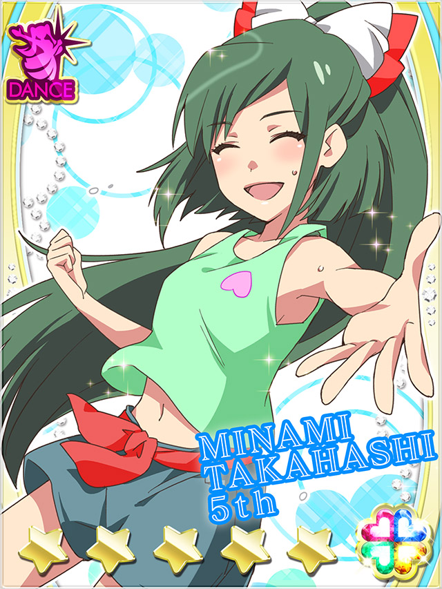 1girl :d ^_^ akb0048 blue_background blue_shorts bow card_(medium) character_name clenched_hand closed_eyes cowboy_shot dutch_angle green_eyes green_tank_top hair_bow heart high_ponytail long_hair looking_at_viewer navel non-web_source official_art open_mouth outstretched_arm ponytail reaching reaching_towards_viewer red_bow shorts smile solo sparkle standing star_(symbol) sweat takahashi_minami_(akb0048) tank_top three_quarter_view very_long_hair white_bow