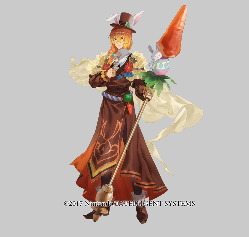 1boy animal_ears brown_eyes circlet copyright_notice fake_animal_ears fire_emblem fire_emblem_echoes:_shadows_of_valentia fire_emblem_heroes full_body grey_background hat hat_with_ears holding holding_polearm holding_weapon long_hair low-tied_long_hair luthier_(fire_emblem) luthier_(spring)_(fire_emblem) male_focus mayo_(becky2006) nintendo official_art orange_hair polearm rabbit_ears solo weapon
