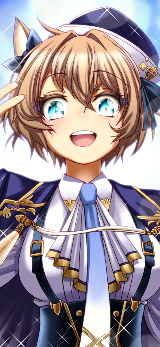 1girl animal_ears blue_eyes breasts brown_hair chiba_toshirou commentary_request cosplay hair_between_eyes hat highres horse_ears horse_girl indie_virtual_youtuber jacket jacket_on_shoulders kemonomimi_mode large_breasts nanami_nanai open_mouth short_hair smile solo sparkle suspenders umamusume upper_body v virtual_youtuber
