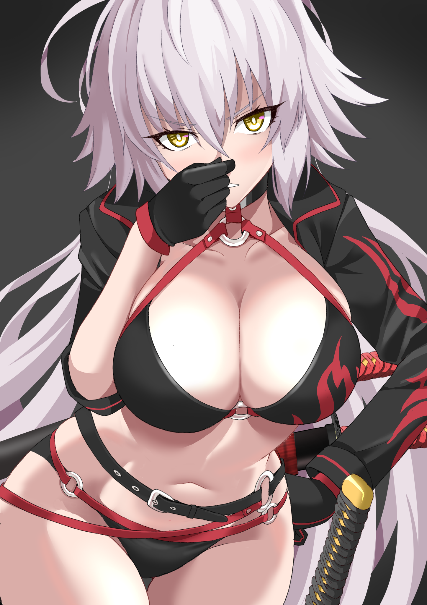 1girl ahoge bikini black_bikini black_gloves black_jacket breasts cleavage commission cropped_jacket fate/grand_order fate_(series) gloves grey_hair highres holding_nose jacket jeanne_d'arc_alter_(fate) jeanne_d'arc_alter_(swimsuit_berserker)_(fate) long_hair navel o-ring o-ring_bikini o-ring_bottom o-ring_top pixiv_commission revision shimouki_izui shrug_(clothing) solo stomach swimsuit textless_version very_long_hair yellow_eyes