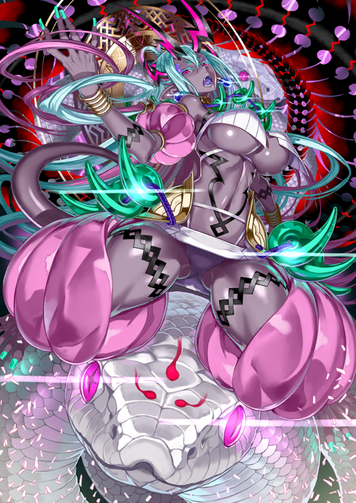 1girl animal aqua_hair bangle bare_shoulders bra bracelet breasts colored_eyelashes colored_skin colored_tongue crossed_bangs crotchless crotchless_pants detached_sleeves dynamic_pose earrings fate/grand_order fate_(series) fingernails full_body game_cg green_nails hair_between_eyes hand_up honjou_raita horns ibuki_douji_(fate) ibuki_douji_(third_ascension)_(fate) impossible_clothes jewelry large_breasts linea_alba long_fingernails long_pointy_ears long_toenails magatama multicolored_hair multiple_bracelets navel official_art on_animal open_mouth oversized_animal panties pants pink_eyes pink_hair pink_horns pink_pants pink_sleeves pointy_ears puffy_detached_sleeves puffy_short_sleeves puffy_sleeves purple_skin purple_tongue short_sleeves shouting snake solo tail teeth third-party_source toenails two-tone_hair underboob underwear white_bra white_panties white_snake