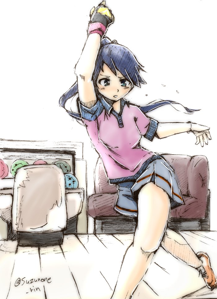 1girl alternate_costume ball blue_skirt bowling bowling_ball bowling_glove commentary_request feet_out_of_frame gloves houshou_(kancolle) kantai_collection looking_at_viewer purple_shirt shirt single_glove skirt solo suzunone_rin twitter_username