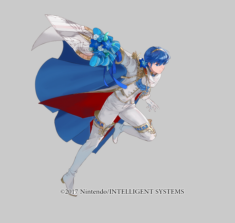 1boy 2017 blue_eyes blue_hair cape copyright_notice fire_emblem fire_emblem:_mystery_of_the_emblem fire_emblem_heroes flower formal_clothes gloves grey_background groom male_focus marth_(fire_emblem) marth_(groom)_(fire_emblem) mayo_(becky2006) nintendo official_art smile solo suit tiara weapon