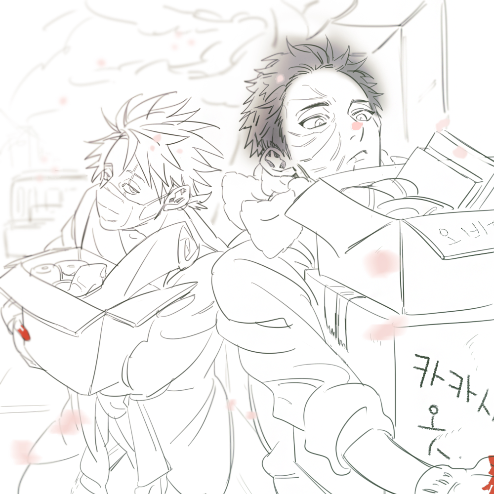 2boys box hatake_kakashi holding holding_box long_sleeves male_focus monochrome mouth_mask multiple_boys naruto_(series) naruto_shippuuden scar scar_across_eye scar_on_face short_hair spiked_hair surgical_mask uchiha_obito vosovic