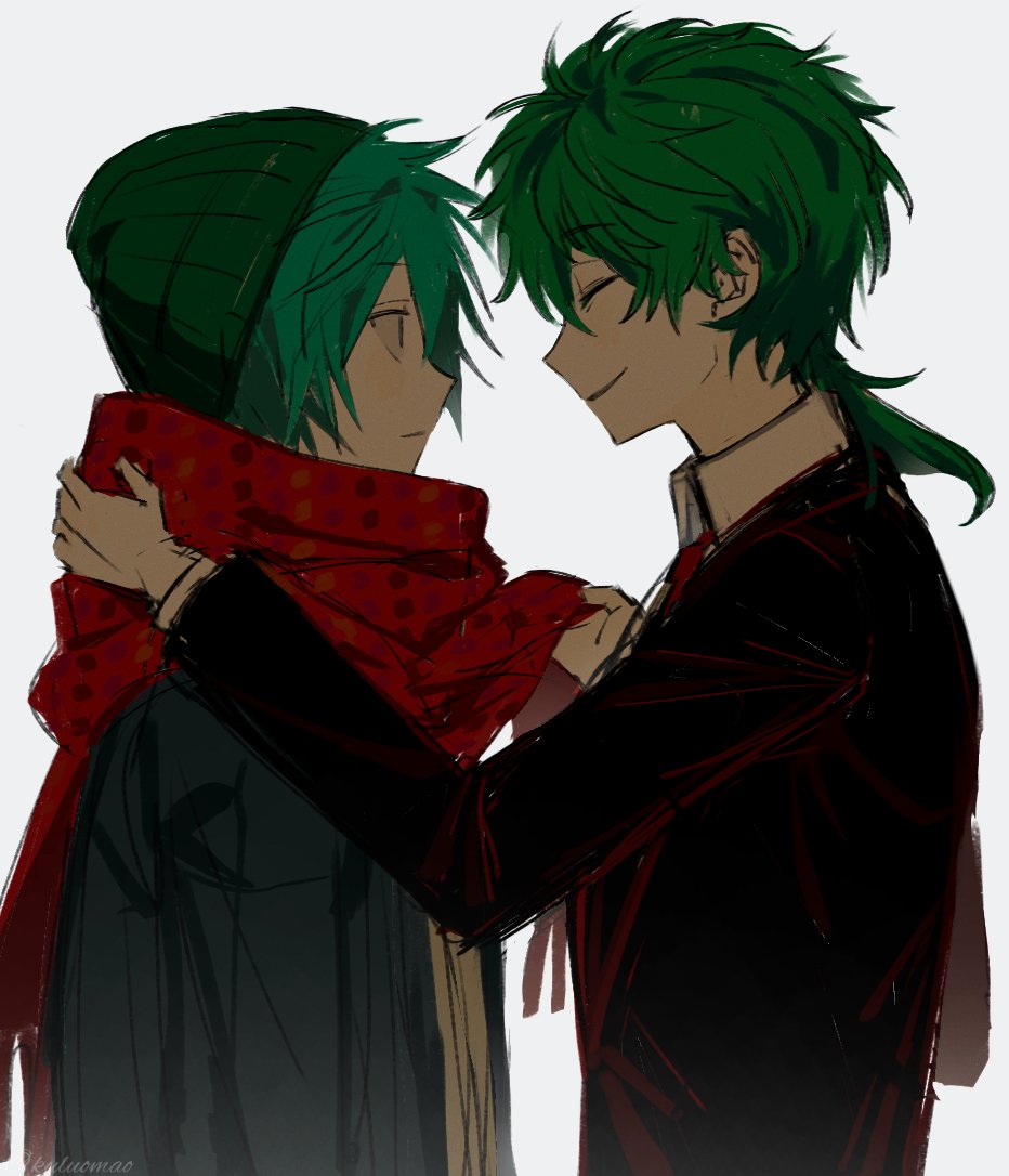 2boys aqua_eyes aqua_hair black_jacket blue_jacket collared_shirt hiyori_sou jacket kimi_ga_shine kuluomao lapels long_sleeves male_focus midori_(kimi_ga_shine) multiple_boys necktie notched_lapels polka_dot polka_dot_scarf red_necktie red_scarf scarf shirt short_hair simple_background upper_body white_background white_shirt wide-eyed