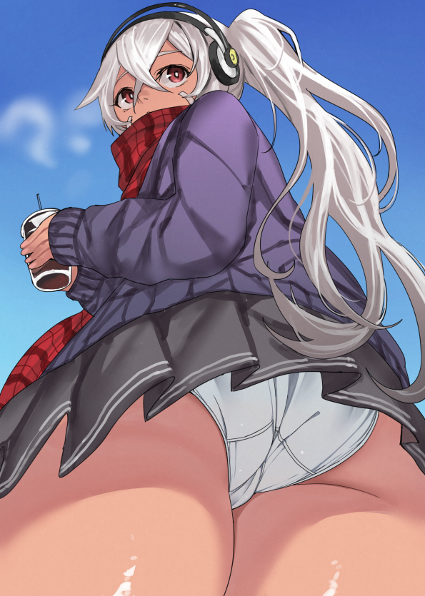 1girl ass ass_focus azur_lane black_skirt blue_sky bright_pupils cardigan cloud coffee commentary_request cowboy_shot crossed_bangs cup dark-skinned_female dark_skin disposable_coffee_cup disposable_cup facepaint from_below hair_between_eyes headphones high_ponytail holding holding_cup long_hair looking_back miniskirt minneapolis_(azur_lane) minneapolis_(wild_huntress_schoolgirl)_(azur_lane) official_alternate_costume ootani_nonno paid_reward_available panties plaid_clothes plaid_scarf pleated_skirt ponytail purple_cardigan red_eyes red_scarf scarf shiny_skin skirt sky solo underwear very_long_hair white_hair white_panties white_pupils