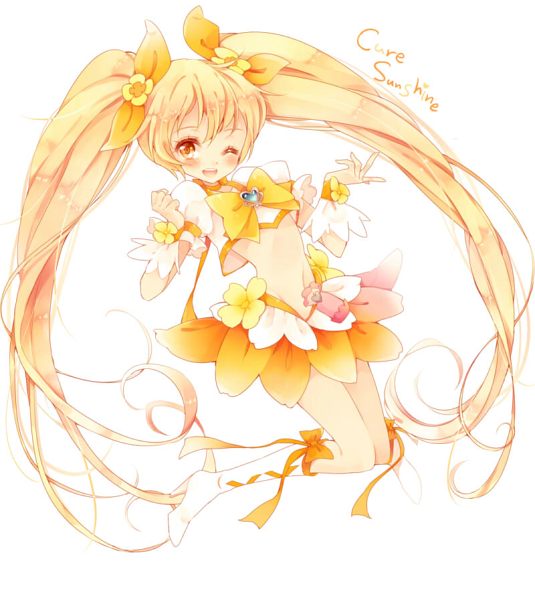 10s 1girl blonde_hair boots bow brooch character_name choker crop_top cure_sunshine female_focus flower full_body hair_bow hair_flower hair_ornament heart heart_brooch heartcatch_precure! jewelry knee_boots long_hair looking_at_viewer magical_girl midriff myoudouin_itsuki navel one_eye_closed orange_bow orange_eyes orange_skirt precure skirt smile solo twintails uzuki_aki white_background white_boots wrist_cuffs yellow_bow