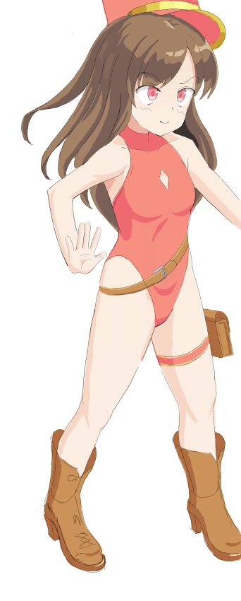 1girl breasts brown_footwear brown_hair highleg highleg_leotard leotard red_cap red_leotard