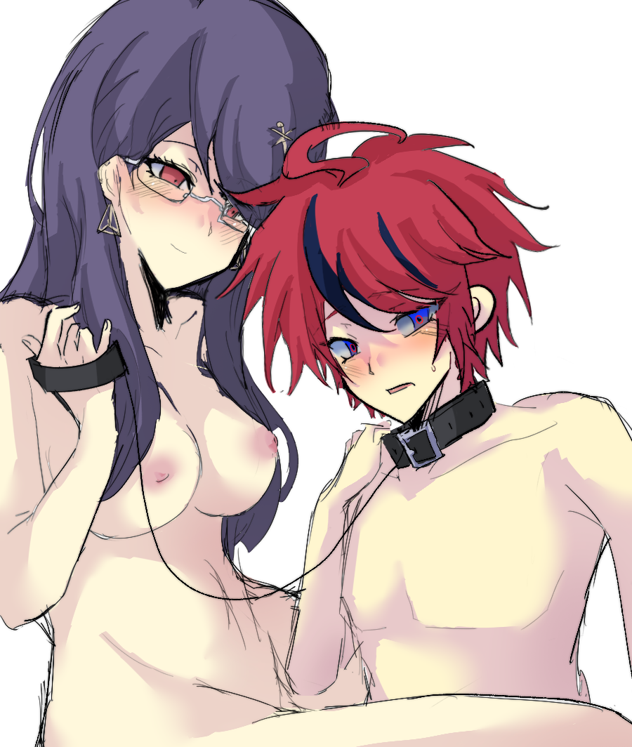 1boy 1girl ahoge black_hair blue_eyes blush breasts collar collarbone femdom fingernails glasses leash looking_at_another medium_breasts messy_hair mmmiottt multicolored_eyes multicolored_hair nipples nude open_mouth purple_hair red_eyes red_hair shizuhara_hiruko simple_background smile sumino_takumi the_hundred_line_-last_defense_academy- topless_female topless_male white_background