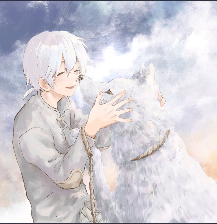 1boy affectionate facing_another fumetsu_no_anata_e fushi grey_shirt happy imasaranochiyo joan_(fumetsu_no_anata_e) leash long_sleeves looking_at_another male_focus noses_touching ponytail rope shirt sky the_nameless_boy_(fumetsu_no_anata_e) upper_body white_hair wolf yellow_eyes