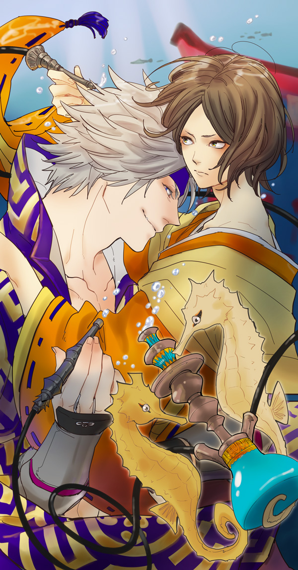 2boys blue_background blue_eyes brown_eyes brown_hair chousokabe_motochika_(sengoku_basara) eyepatch fish frown grey_hair hookah japanese_clothes kimono looking_at_viewer looking_to_the_side male_focus mouri_motonari_(sengoku_basara) multiple_boys orange_kimono seahorse sengoku_basara smirk spiked_hair upper_body yaoi yona_(waiko)
