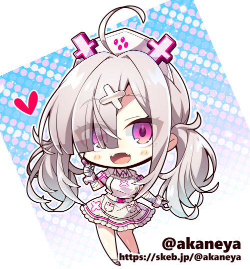 ahoge akaneya apron blush_stickers chibi chibi_only commission dress fangs gloves grey_hair hair_ornament hair_over_one_eye hat holding holding_syringe long_hair nijisanji nurse nurse_cap open_mouth purple_eyes short_dress skeb_commission skin_fangs sukoya_kana sukoya_kana_(1st_costume) syringe twintails twitter_username virtual_youtuber white_apron white_dress white_gloves x_hair_ornament