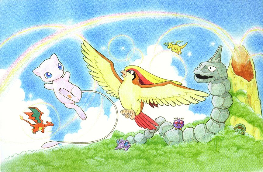 blue_eyes blue_sky charizard closed_mouth cloud day dragonite fangs fire flame-tipped_tail flying fukuyama_keiko game_freak gen_1_pokemon golem_(pokemon) legendary_pokemon lens_flare mew_(pokemon) mythical_pokemon nidoking nintendo no_humans official_art onix open_mouth outdoors pidgeot pokemon pokemon_(creature) pokemon_focus pokemon_tcg rainbow red_eyes sky smile third-party_source tree venonat volcano