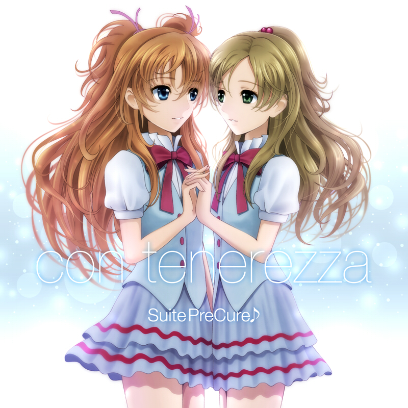 10s 2girls brown_hair copyright_name eye_contact face-to-face half_updo holding_hands houjou_hibiki long_hair looking_at_another minamino_kanade multiple_girls precure school_uniform sekken_kasu_barrier skirt suite_precure two_side_up yuri