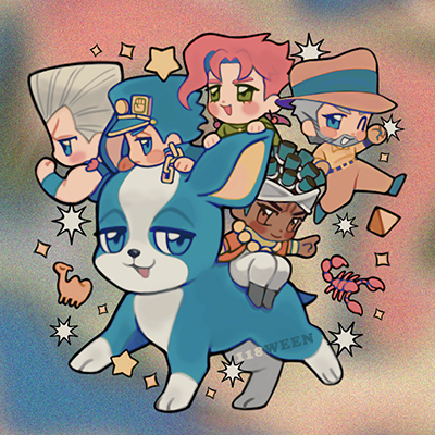 118ween 5boys :3 animal beard blue_eyes blue_hat blush border brown_eyes chain chibi chibi_only commentary commentary_request dark-skinned_male dark_skin dog earrings facial_hair food-themed_earrings green_eyes grey_hair grin hat iggy_(jojo) jean_pierre_polnareff jewelry jojo_no_kimyou_na_bouken joseph_joestar joseph_joestar_(old) kakyoin_noriaki kepi kuujou_joutarou lowres male_focus military_hat mohammed_avdol multiple_boys open_mouth pointing pointing_forward pyramid_(structure) red_hair riding scorpion shirt smile sparkle star_(symbol) stardust_crusaders teeth