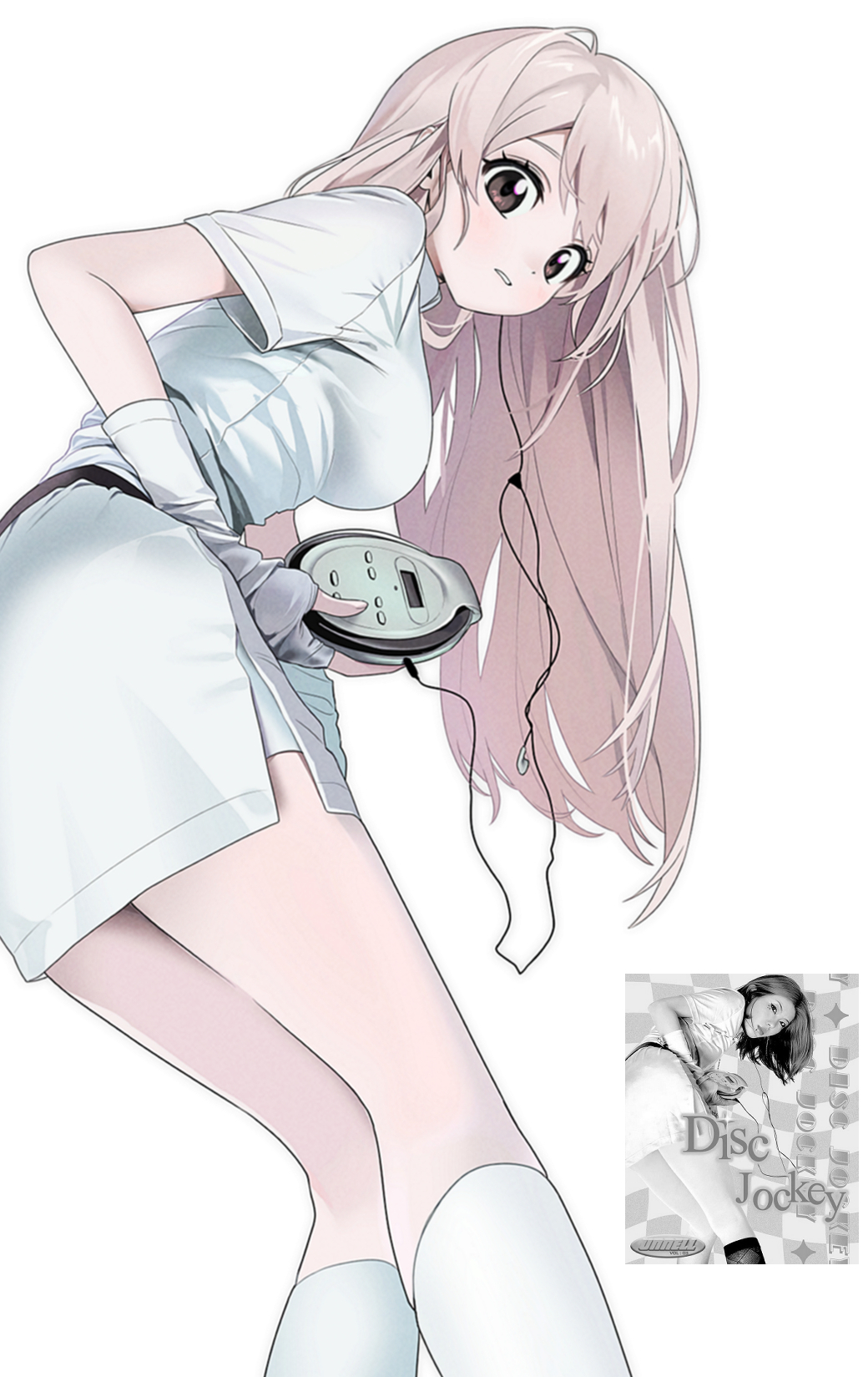 1girl belt blonde_hair breasts brown_eyes cd_player cd_walkman earphones elbow_gloves eyelashes fingerless_gloves gloves highres hu_soeun kneehighs large_breasts leaning_forward long_hair looking_back miniskirt original parted_lips pencil_skirt reference_inset shirt short_sleeves side_slit single_earphone_removed skirt socks solo t-shirt tareme tight_clothes white_gloves white_shirt white_socks