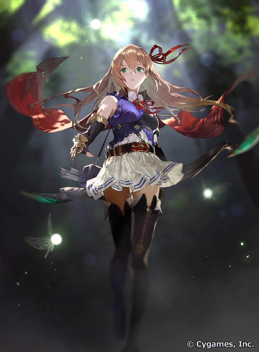 1girl arisa_(shadowverse) arrow_(projectile) belt belt_buckle blonde_hair blouse blue_shirt boots bow_(weapon) breasts buckle commentary_request company_name day elbow_gloves elf fairy forest gloves green_eyes hair_ribbon highres holding holding_bow_(weapon) holding_weapon long_hair medium_breasts nanbo_ataru_(attall) nature official_art outdoors pleated_skirt pointy_ears quiver red_ribbon ribbon shadowverse shadowverse_evolve shirt skirt solo sunlight thigh_boots thighhighs tree walking weapon white_skirt zettai_ryouiki
