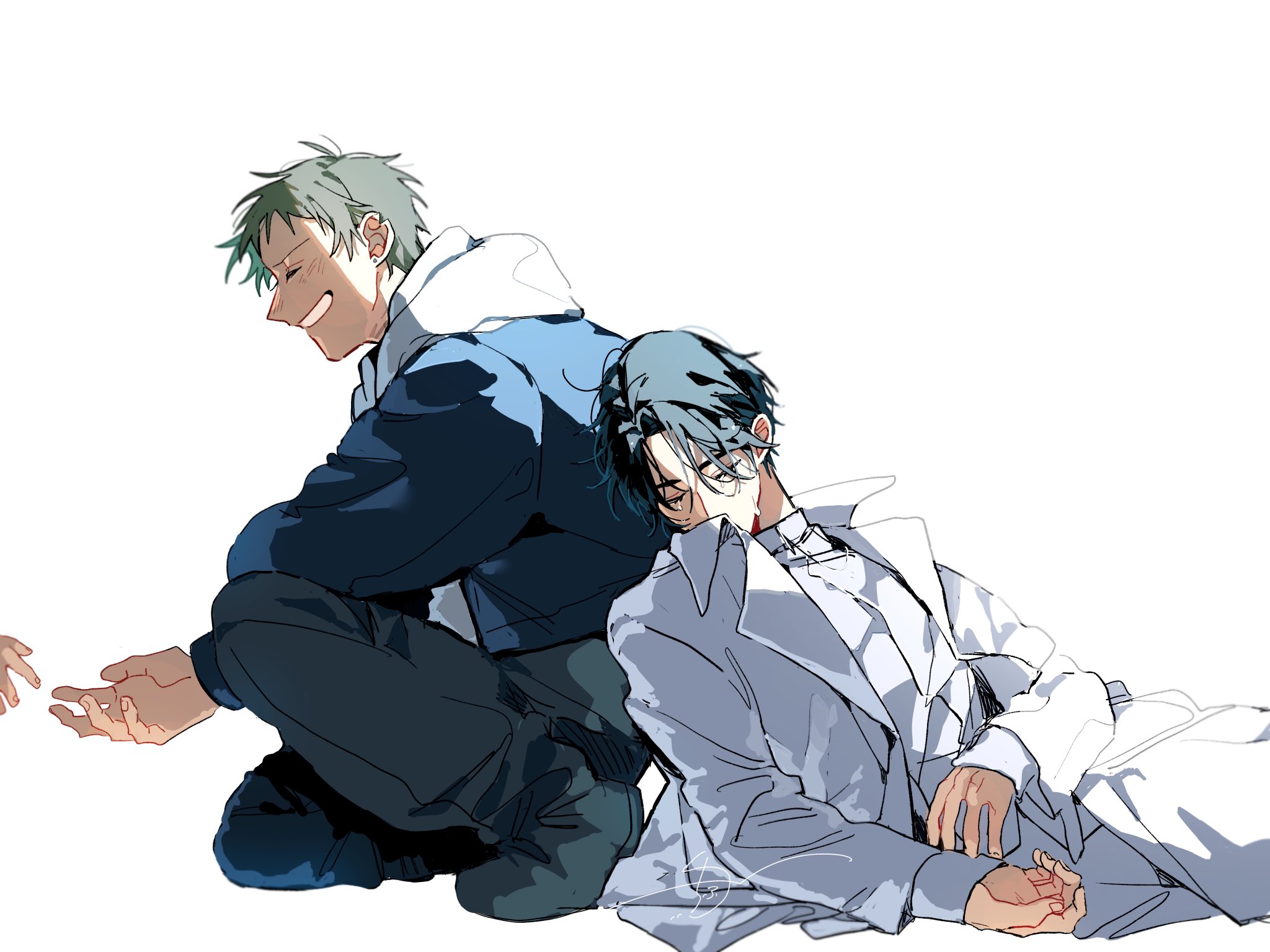 1other 2boys alien_stage black_boots black_hair black_pants boots chi_fuyu closed_eyes coat commentary grey_hair hashtag-only_commentary highres hood hoodie ivan_(alien_stage) jacket leaning_on_person long_sleeves male_focus multiple_boys on_one_knee pants shirt short_hair signature smile till_(alien_stage) very_short_hair white_coat white_pants white_shirt