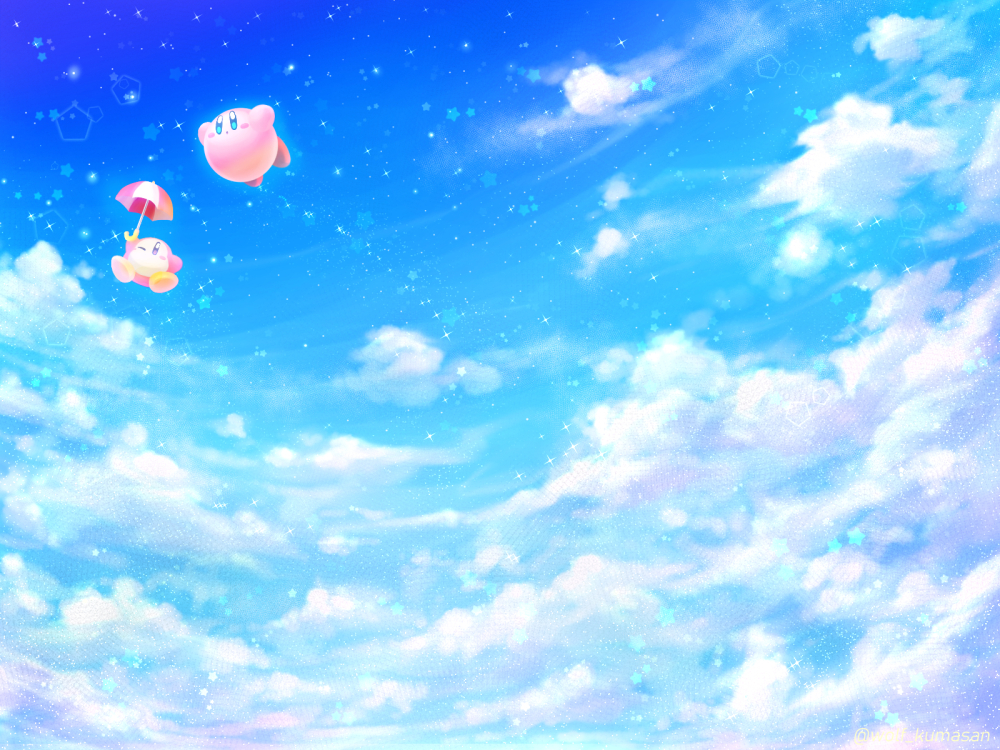 :o arm_up artist_name blue_eyes blush blush_stickers brown_eyes cloud cloudy_sky commentary_request day dithering floating full_body holding holding_umbrella kirby kirby_(series) kumaoka_pon nintendo no_humans one_eye_closed open_mouth outdoors parasol sky sparkle star_(symbol) twitter_username umbrella waddle_dee