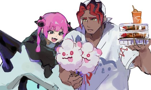 1boy 1girl :d bandana black_hair coral_(pokemon) cotton_candy dark-skinned_male dark_skin fang food gen_3_pokemon gen_6_pokemon glalie holding holding_cotton_candy holding_food maumaujanken multicolored_hair nintendo open_mouth pink_hair pokemon pokemon_(anime) pokemon_(creature) pokemon_horizons red_hair riding riding_pokemon shirt short_sleeves sidian_(pokemon) simple_background smile swirlix twintails two-tone_hair white_background white_bandana white_shirt