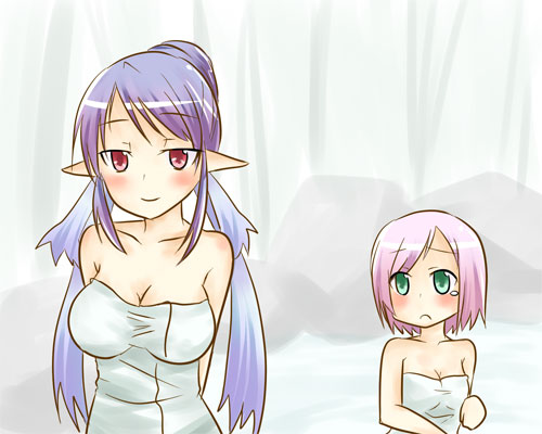 00s 2girls altorealize bath blue_hair blush breast_envy breasts cleavage estellise_sidos_heurassein green_eyes impossible_towel judith_(tales) long_hair lowres medium_breasts multiple_girls naked_towel onsen pink_hair pointy_ears red_eyes short_hair small_breasts tales_of_(series) tales_of_vesperia towel