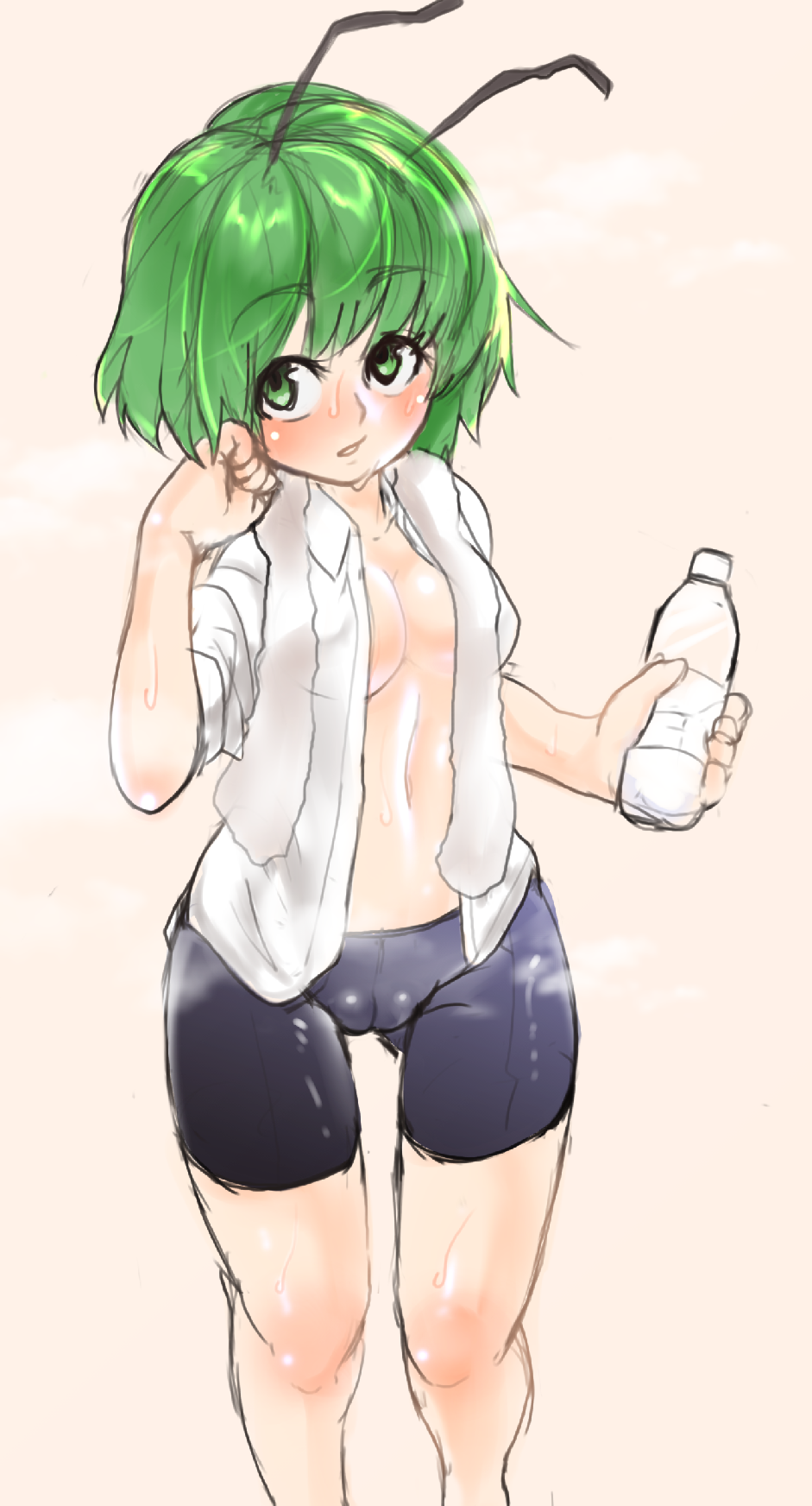 1girl antennae black_shorts blush bottle breasts brown_background cameltoe cleavage collared_shirt commentary_request cowboy_shot green_eyes green_hair highres holding holding_bottle hot looking_at_viewer medium_breasts no_bra open_clothes open_mouth open_shirt shirt short_hair shorts smile solo sweat touhou unimamo water_bottle white_shirt wriggle_nightbug