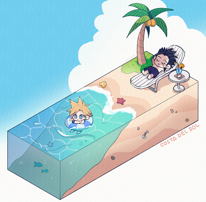 2boys arms_behind_head beach black_hair black_male_swimwear black_swim_trunks blonde_hair blue_eyes blue_sky caustics chibi closed_eyes cloud cloud_strife cocktail cocktail_glass coconut_tree cup drink drinking_glass drinking_straw earrings final_fantasy final_fantasy_vii fish fish_skeleton floating innertube jewelry male_focus male_swimwear messy_hair multiple_boys ocean palm_leaf palm_tree sand scar scar_on_face seashell shell short_hair single_earring sky smile spiked_hair starfish swim_ring swim_trunks swimming swimsuit topless_male tree ttnoooo zack_fair