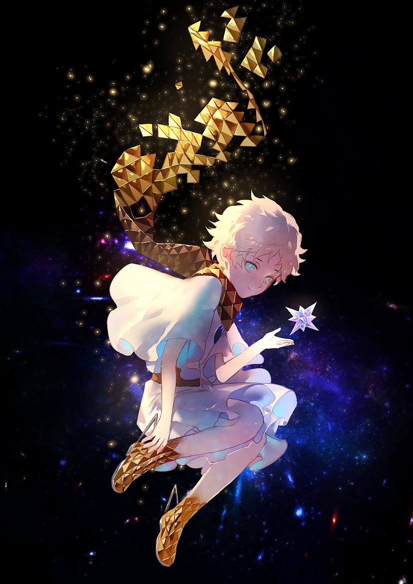 1boy baggy_clothes blonde_hair blue_eyes bright_pupils closed_mouth daeraeband fate/grand_order fate/requiem fate_(series) floating full_body glowing light_particles looking_at_viewer looking_back male_focus parted_bangs scarf shadow shoes short_hair short_sleeves sky smile solo space star_(sky) starry_sky starry_sky_background tunic voyager_(fate) voyager_(first_ascension)_(fate) white_tunic yellow_scarf