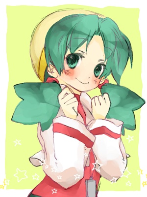 1990s_(style) 1girl amamiya_kabosu blush female_focus green_eyes green_hair hat kris_(pokemon) lowres matching_hair/eyes nintendo pokemon pokemon_gsc retro_artstyle smile solo twintails