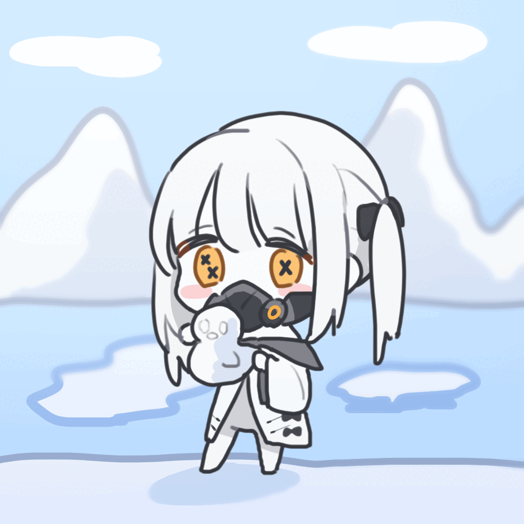 1girl animated animated_gif arctic_(geography) baby_animal bird blue_archive colored_skin duck duckling ein_(blue_archive) ice looping_animation mask respirator snow snow_duck solo tamago_bororo white_hair white_skin yellow_eyes
