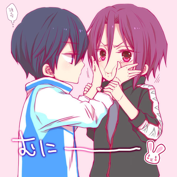 2boys black_hair black_jacket blue_jacket cheek_squash chibi closed_mouth eye_contact free! hair_between_eyes hands_on_another&#039;s_cheeks hands_on_another&#039;s_face hands_on_another&#039;s_wrists jacket long_sleeves looking_at_another male_focus matsuoka_rin mishima_kazuhiko multiple_boys nanase_haruka_(free!) pink_background purple_eyes purple_hair rabbit short_hair simple_background translation_request
