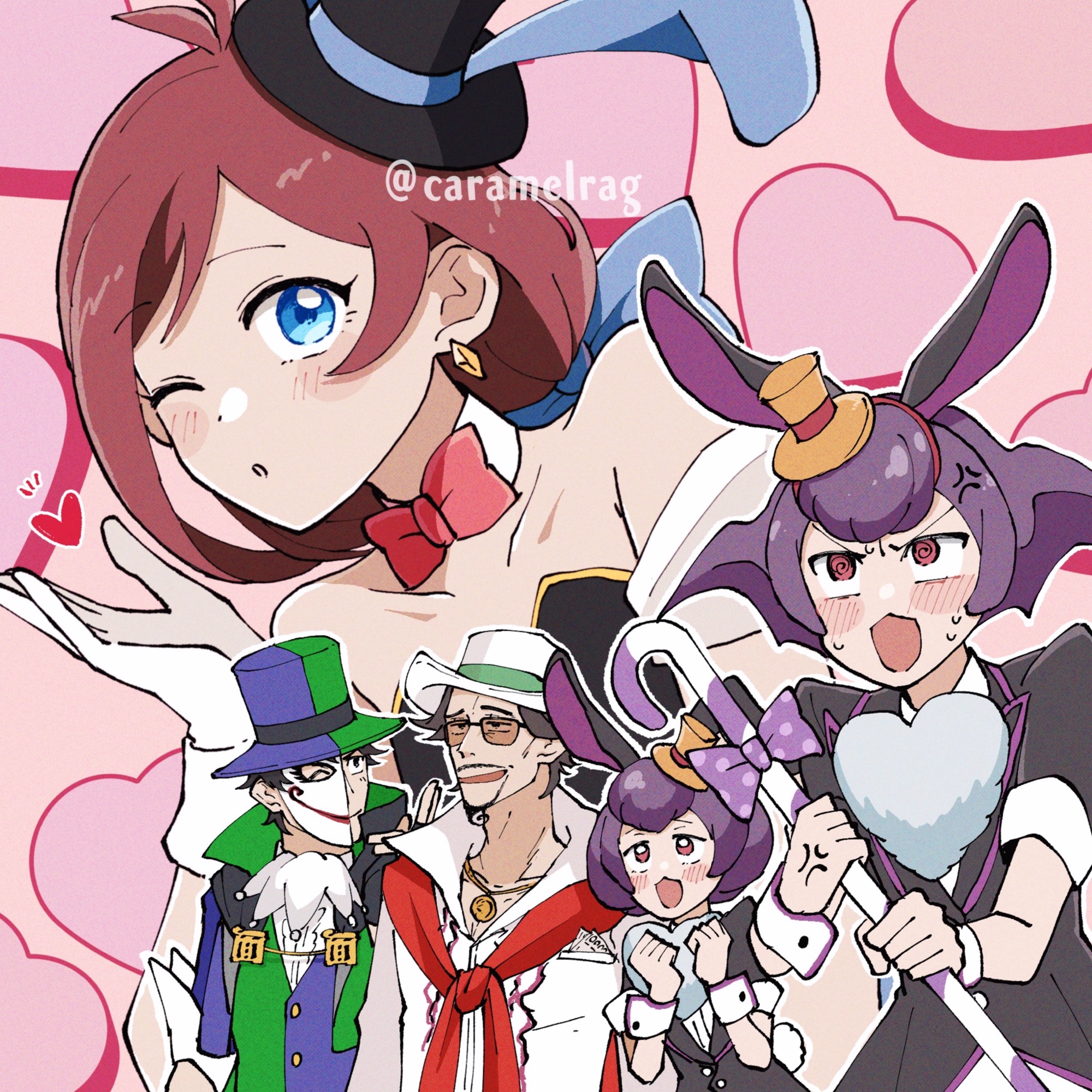 2boys 3girls @_@ ace_attorney anger_vein animal_ears betty_de_famme blue_bow blue_eyes bluesky_username blush_stickers bonny_de_famme bow bowtie breast_pocket brown_hair brown_hat cane caramelrag commentary earrings facial_hair fake_animal_ears gloves goatee green_hat green_vest hair_bow half_mask hands_up hat heart highres holding holding_cane jacket jewelry looking_at_another manov_mistree mask medium_hair multiple_boys multiple_girls necklace one_eye_closed phoenix_wright:_ace_attorney_-_spirit_of_justice pocket polka_dot_bowtie purple_bow purple_bowtie purple_hair purple_hat purple_vest rabbit_ears rabbit_tail red_bow red_bowtie red_eyes roger_retinz shirt short_hair siblings single_earring sisters strapless sunglasses symbol-only_commentary tail tailcoat_playboy_bunny tied_jacket top_hat trucy_wright twins two-tone_hat two-tone_vest vest white_gloves white_hat white_shirt