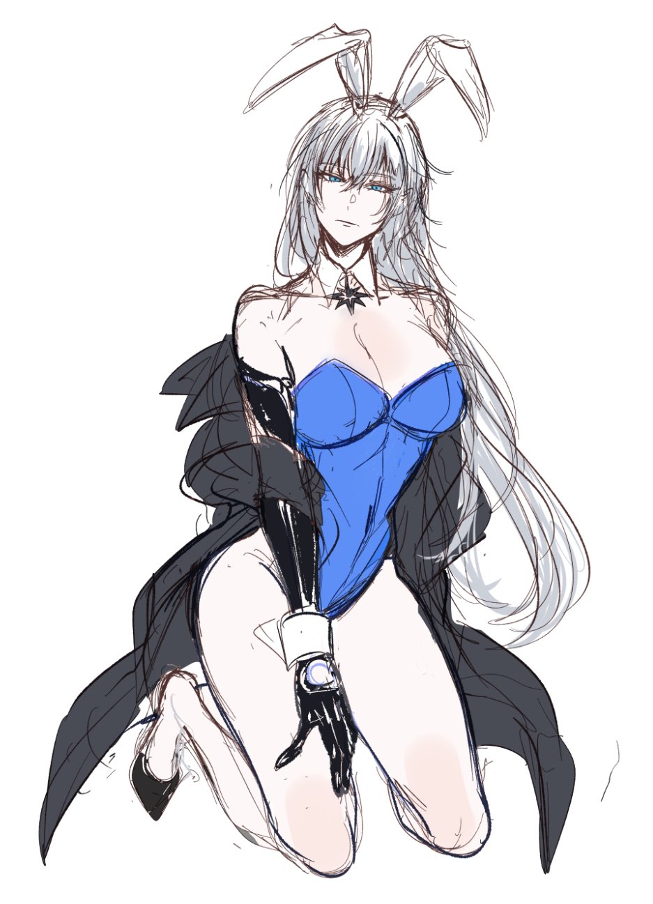 1girl animal_ears black_coat blue_eyes blue_leotard breasts coat detached_collar dimjh fake_animal_ears frown genderswap genderswap_(mtf) goddess_of_victory:_nikke highres jewelry johan_(nikke) kneeling large_breasts leotard long_hair mechanical_arms necklace off-shoulder_coat off_shoulder rabbit_ears simple_background single_mechanical_arm sketch solo strapless strapless_leotard white_background white_hair wrist_cuffs
