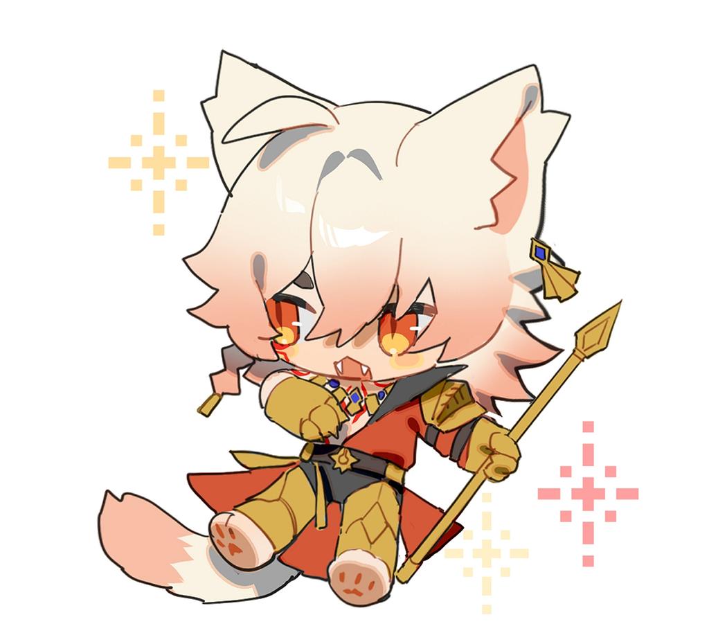 1boy animal_ears armor armored_gloves chibi chibi_only coat fang honkai:_star_rail honkai_(series) male_focus mydei_(honkai:_star_rail) open_clothes open_coat pauldrons red_tattoo shoulder_armor single_pauldron solo suirandanshihao tail