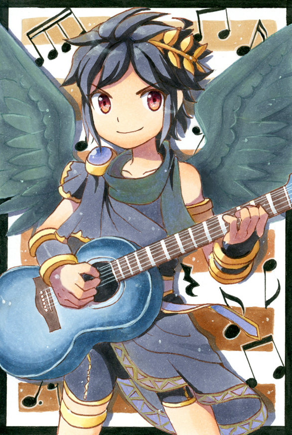 1boy azumi_(tks-sd) blue_hair bracer closed_mouth cowboy_shot dark_angel dark_blue_hair dark_pit feathered_wings fingerless_gloves gloves gold_thighlet gold_trim green_wings guitar holding holding_guitar holding_instrument instrument jewelry kid_icarus kid_icarus_uprising laurel_crown male_focus music musical_note nintendo playing_guitar playing_instrument red_eyes scarf sidelocks single_fingerless_glove solo thighlet traditional_media v-shaped_eyebrows wings