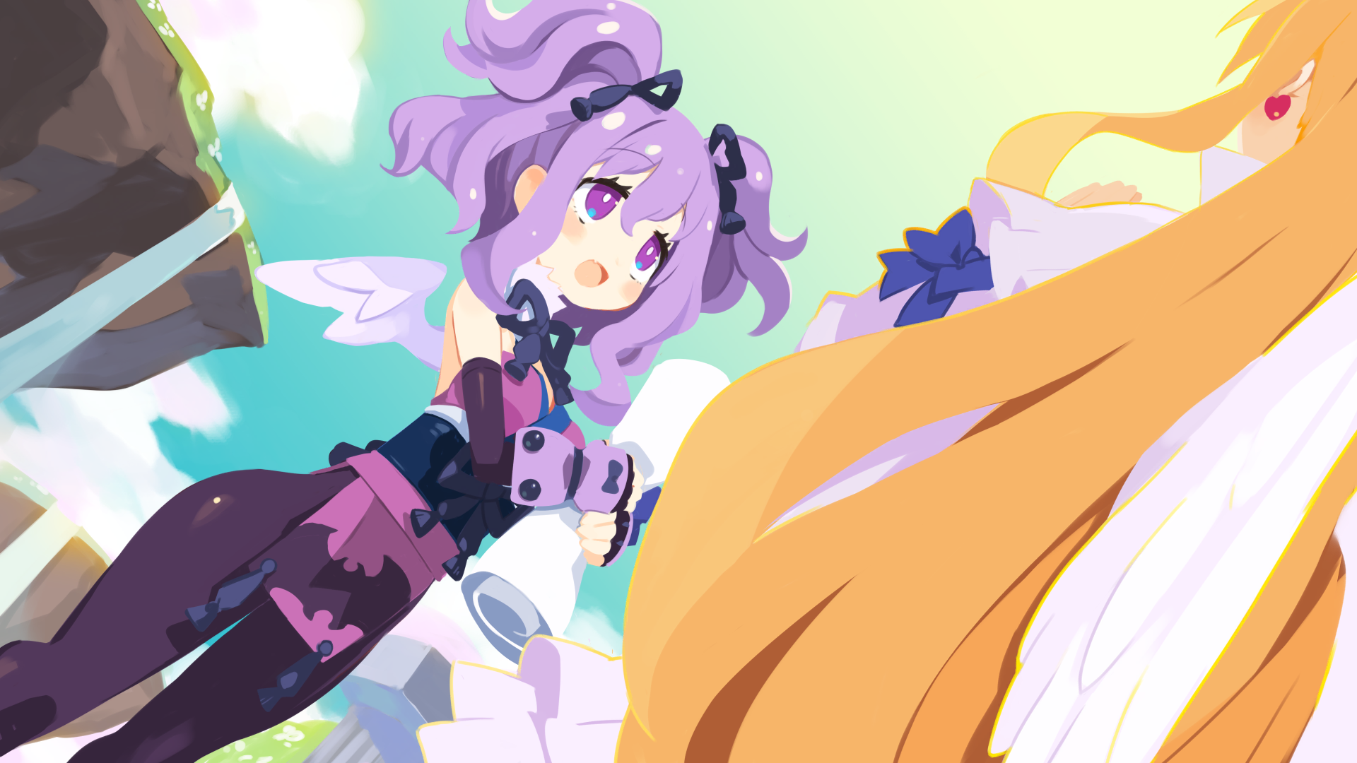 2girls angel angel_wings ceefore_(disgaea) celestia_(disgaea) disgaea earrings floating_island flonne flonne_(archangel) from_behind hair_between_eyes harada_takehito heart heart_earrings highres jewelry long_sleeves makai_senki_disgaea_7 multiple_girls official_art purple_eyes purple_hair sky smile water waterfall wings