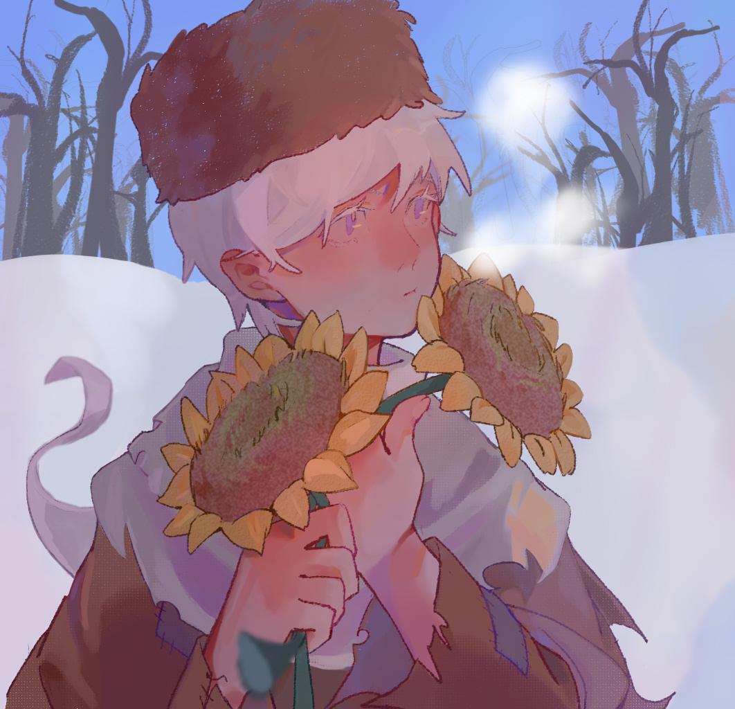 1boy axis_powers_hetalia baobing bare_tree blue_sky brown_hat brown_jacket chinese_commentary colored_eyelashes commentary_request finger_to_mouth flower fur_hat hat holding holding_flower jacket long_sleeves male_focus outdoors papakha patchwork_clothes purple_eyes russia_(hetalia) scarf short_hair shushing sky solo sunflower tree upper_body white_hair white_scarf winter