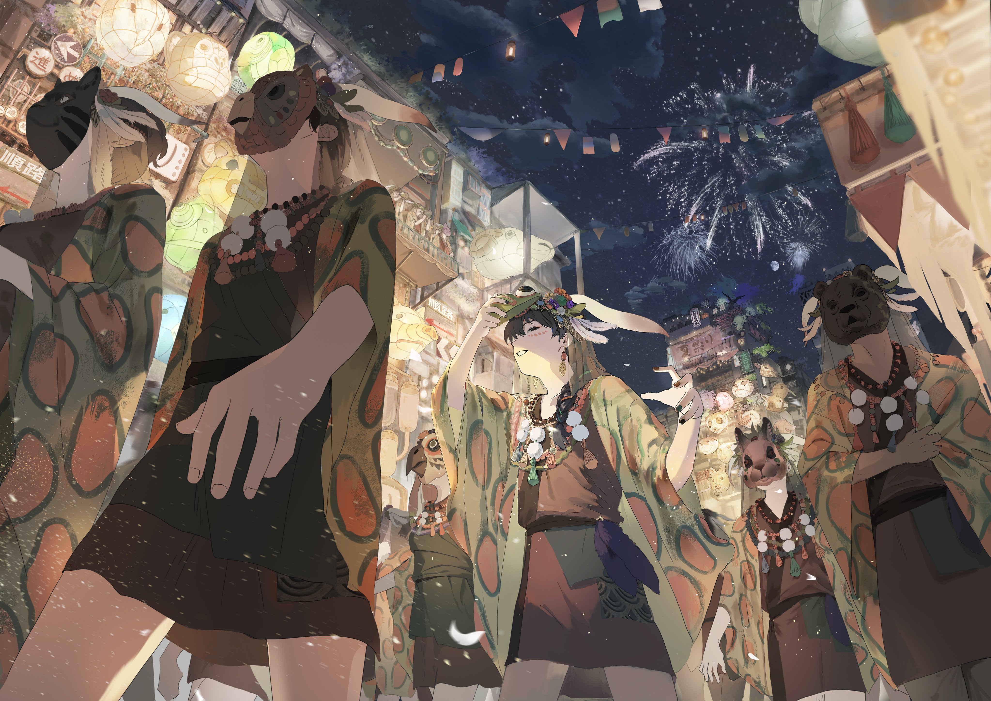 1boy 6+others absurdres aerial_fireworks animal_ears arms_at_sides arrow_(symbol) awning bead_necklace beads bear_mask bird_mask black_hair black_nails black_tunic braid braided_ponytail breasts cat_mask chakotata clothes_grab cloud covered_face cowboy_shot earrings facial_mark fake_animal_ears falling_feathers feather_hair_ornament feathers festival fireworks from_below hair_ornament hair_over_shoulder hands_up highres holding holding_mask jacket jewelry lantern light_particles long_hair looking_away marching mask mask_lift medium_breasts multiple_others necklace night night_sky original outdoors paper_lantern pom_pom_(clothes) print_jacket rabbit_ears rabbit_mask railing road_sign sash school_uniform see-through_clothes sheep short_hair sign single_braid sky smile solo_focus string_of_flags tassel themed_object tunic veil walking