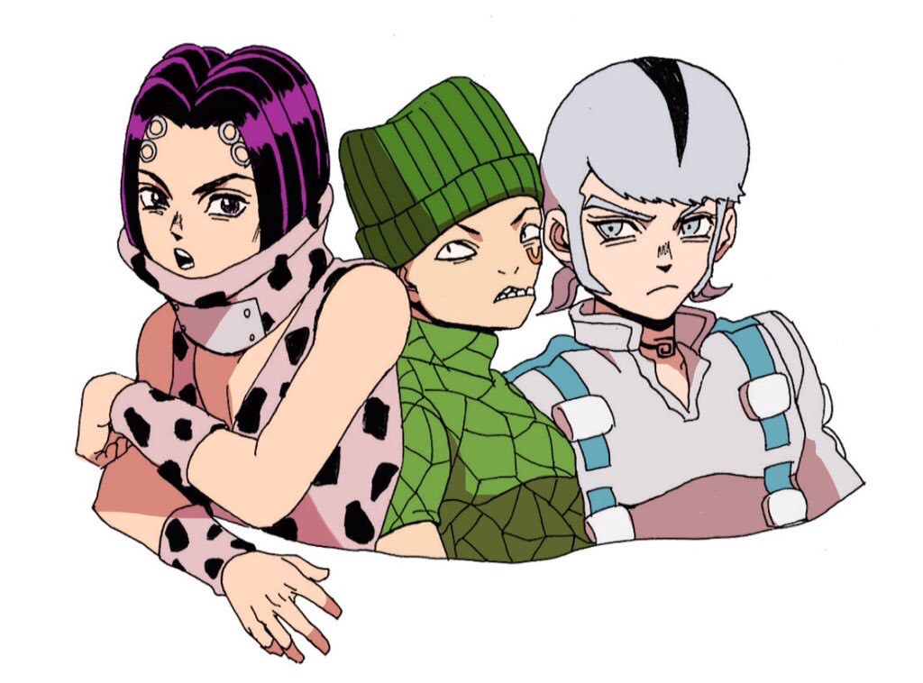 3boys animal_print beanie black_hair brothers chibi cleavage_cutout clothing_cutout cow_print donatello_versus facial_mark family grey_eyes hage_tashuumi hat jojo_no_kimyou_na_bouken multiple_boys necktie purple_hair rikiel short_twintails siblings sideburns stone_ocean twintails ungaro upper_body white_hair