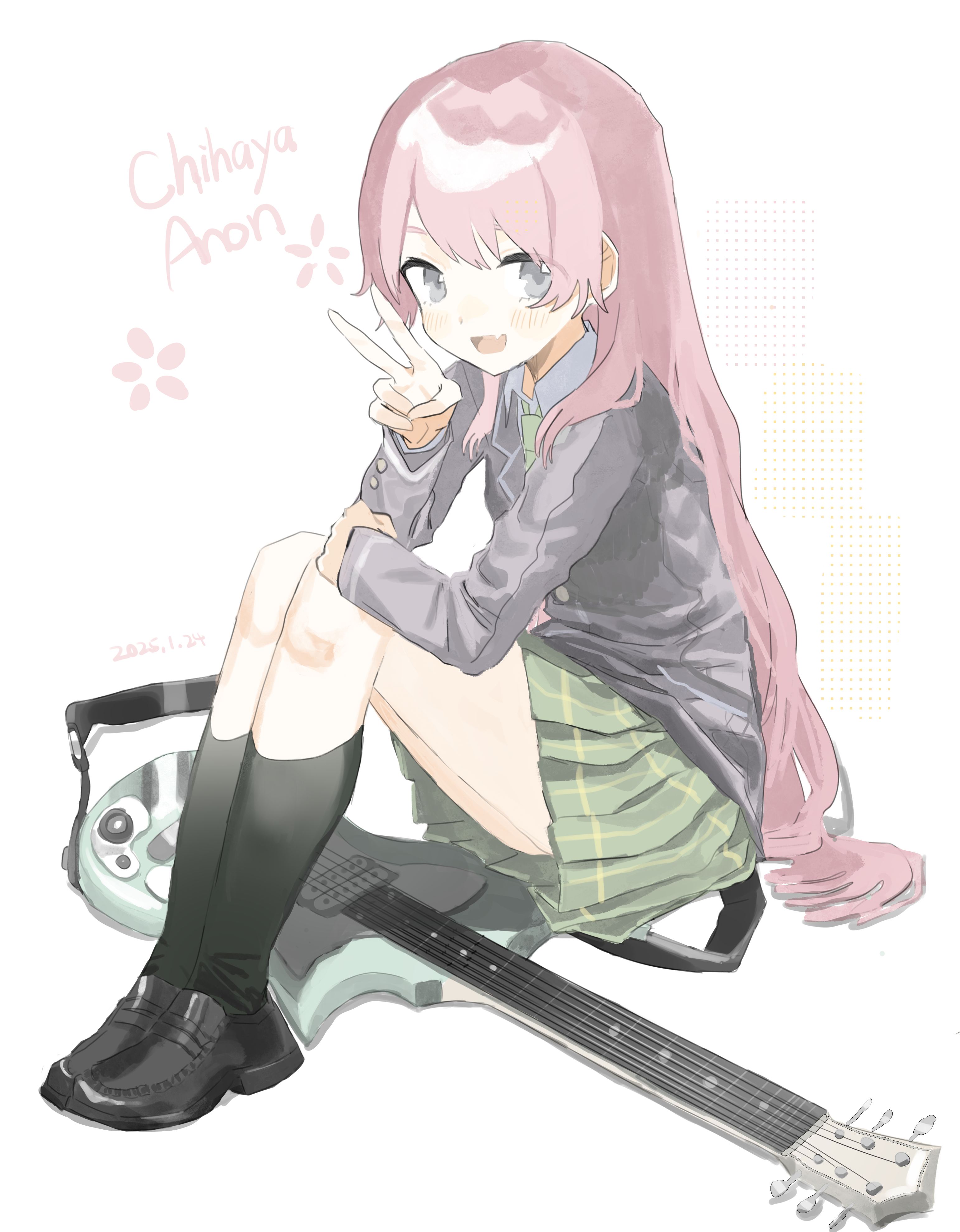 1984_(cw1000110) 1girl absurdres bang_dream! bang_dream!_it's_mygo!!!!! black_shoes black_socks blazer character_name chihaya_anon chinese_commentary collared_shirt commentary_request fang full_moon green_necktie green_skirt grey_eyes grey_jacket guitar hand_up haneoka_school_uniform highres instrument jacket kneehighs lapels loafers long_hair long_sleeves looking_at_viewer moon necktie notched_lapels open_mouth pink_hair pleated_skirt school_uniform shirt shoes simple_background sitting skin_fang skirt smile socks solo straight_hair v very_long_hair white_background white_shirt