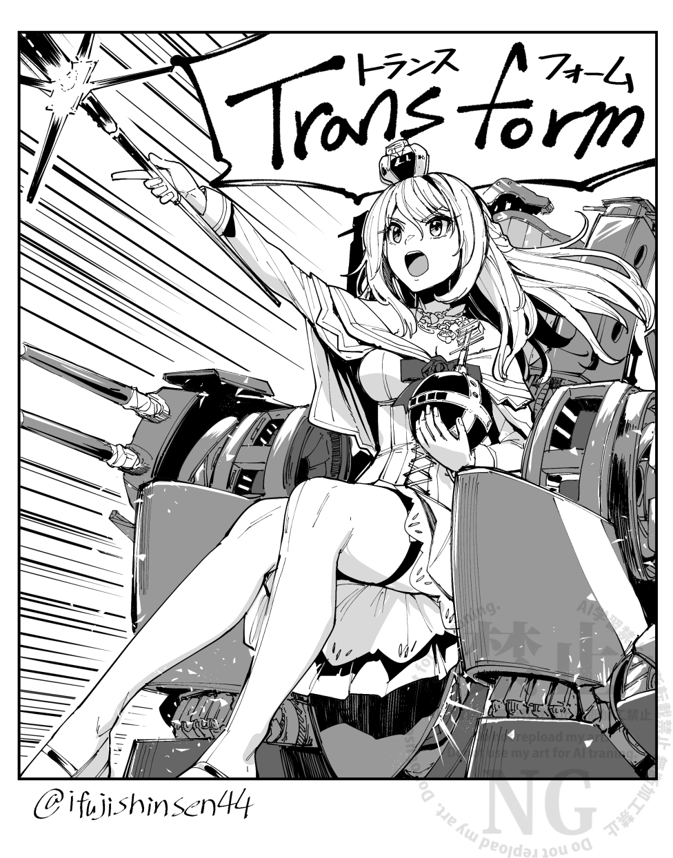 1girl braid cannon corset crown dress globus_cruciger greyscale half_up_braid hashtag-only_commentary highres ifuji_shinsen kantai_collection long_hair mini_crown monochrome off-shoulder_dress off_shoulder open_mouth scepter sitting solo thighhighs throne v-shaped_eyebrows warspite_(kancolle) watermark