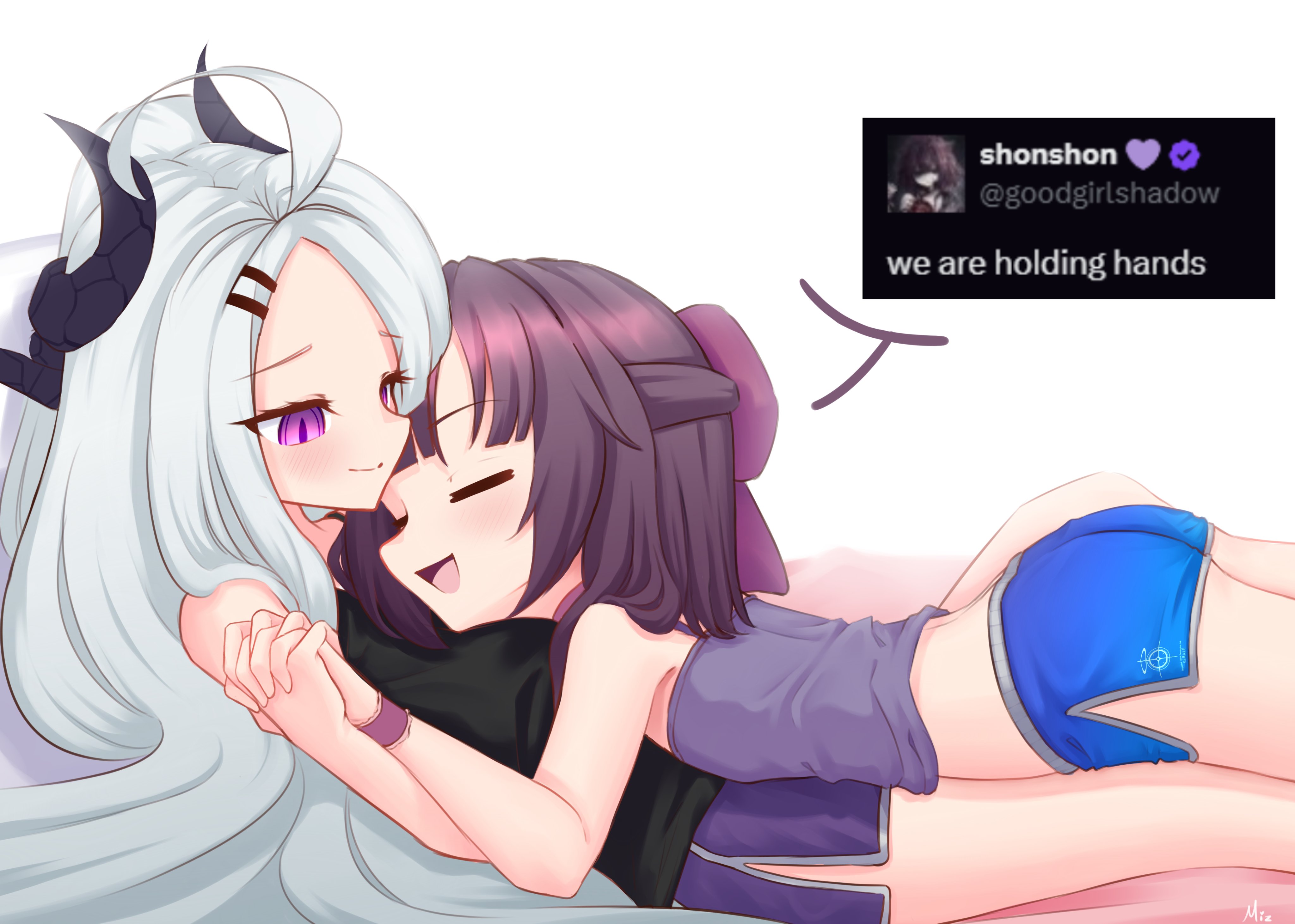 2girls absurdres ahoge black_horns blue_archive blue_shorts camisole closed_mouth fallenshadow from_side girl_on_top grey_hair highres hina_(blue_archive) holding_hands horns indie_virtual_youtuber interlocked_fingers long_hair lying lying_on_person mizatsu multiple_girls on_back open_mouth purple_camisole purple_eyes purple_hair purple_shorts shorts smile virtual_youtuber white_hair